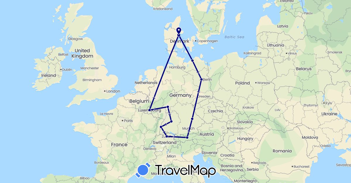 TravelMap itinerary: driving in Austria, Switzerland, Germany, Denmark, Luxembourg (Europe)